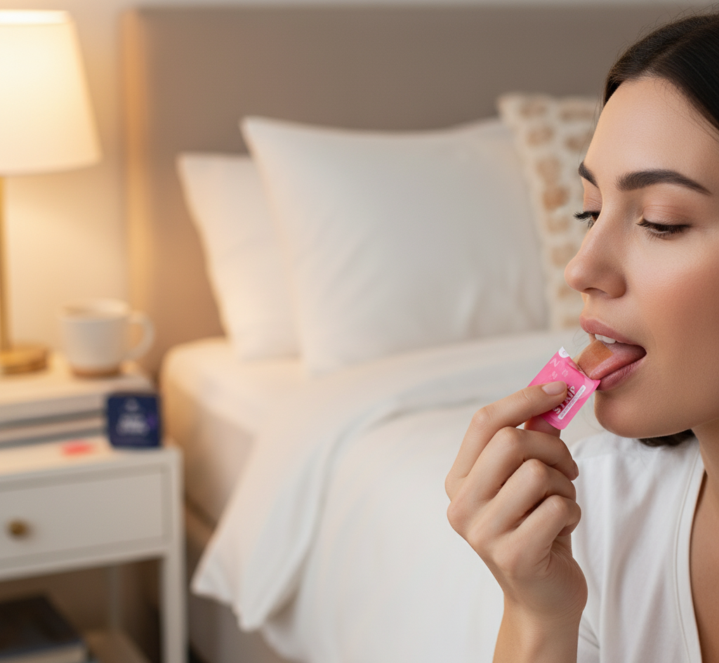 Woman applying lip balm in a bedroom setting -women want to sleep