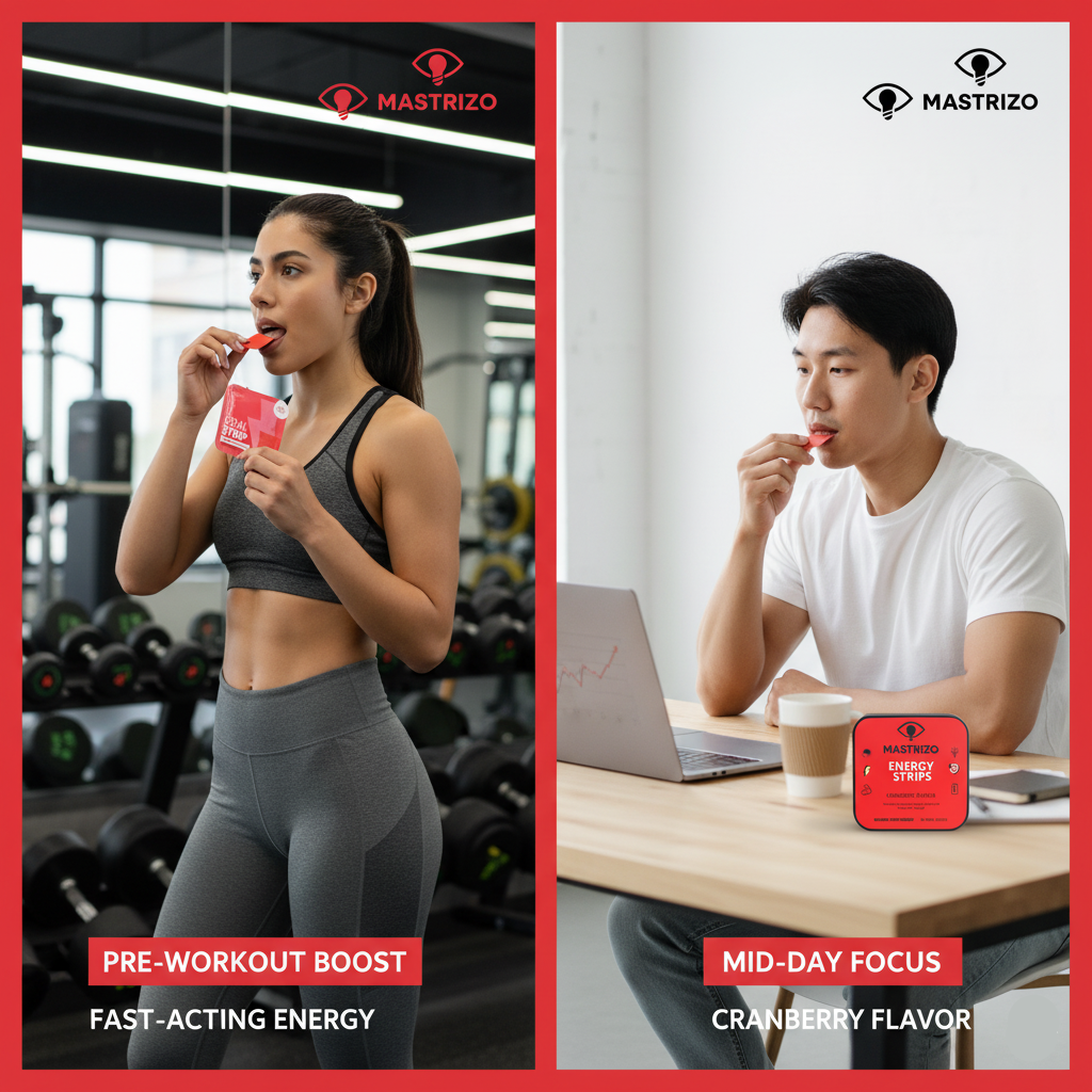 Two people using Mastrizo energy sticks in a gym and at a desk, with product packaging visible.