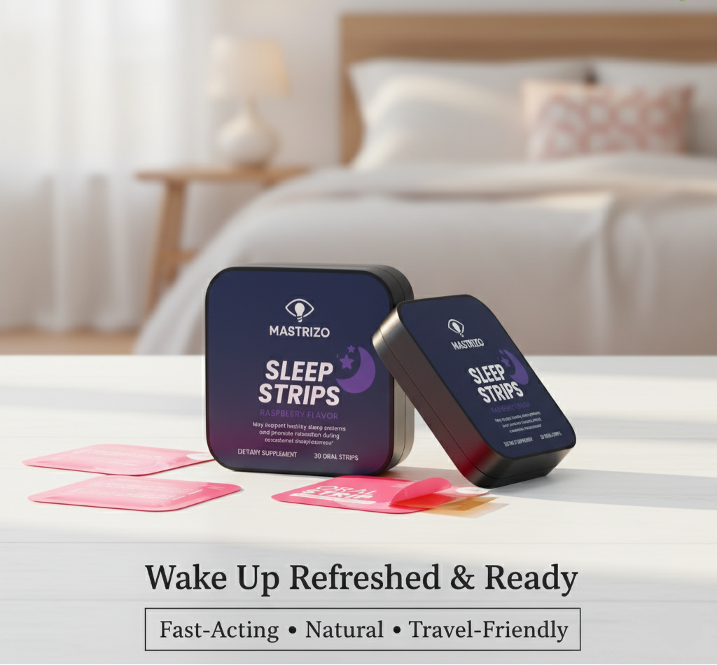 Sleep Strips packaging with pink strips on a bed in a bedroom setting, featuring the eBay logo.
