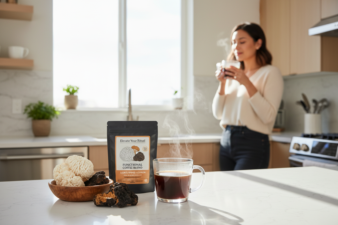 Enjoying morning mushroom coffee benefits with a functional blend for wellness and energy in a modern kitchen