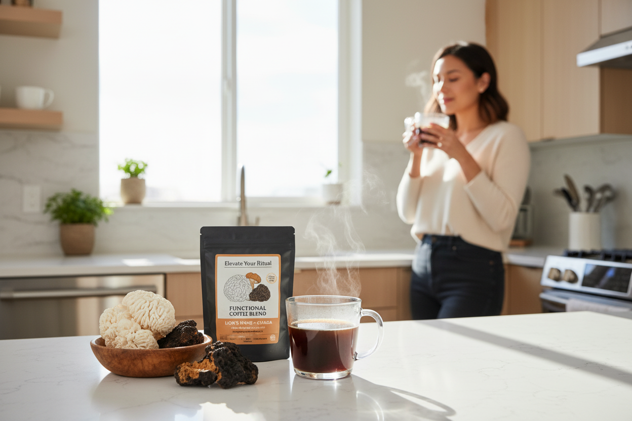 Enjoying morning mushroom coffee benefits with a functional blend for wellness and energy in a modern kitchen